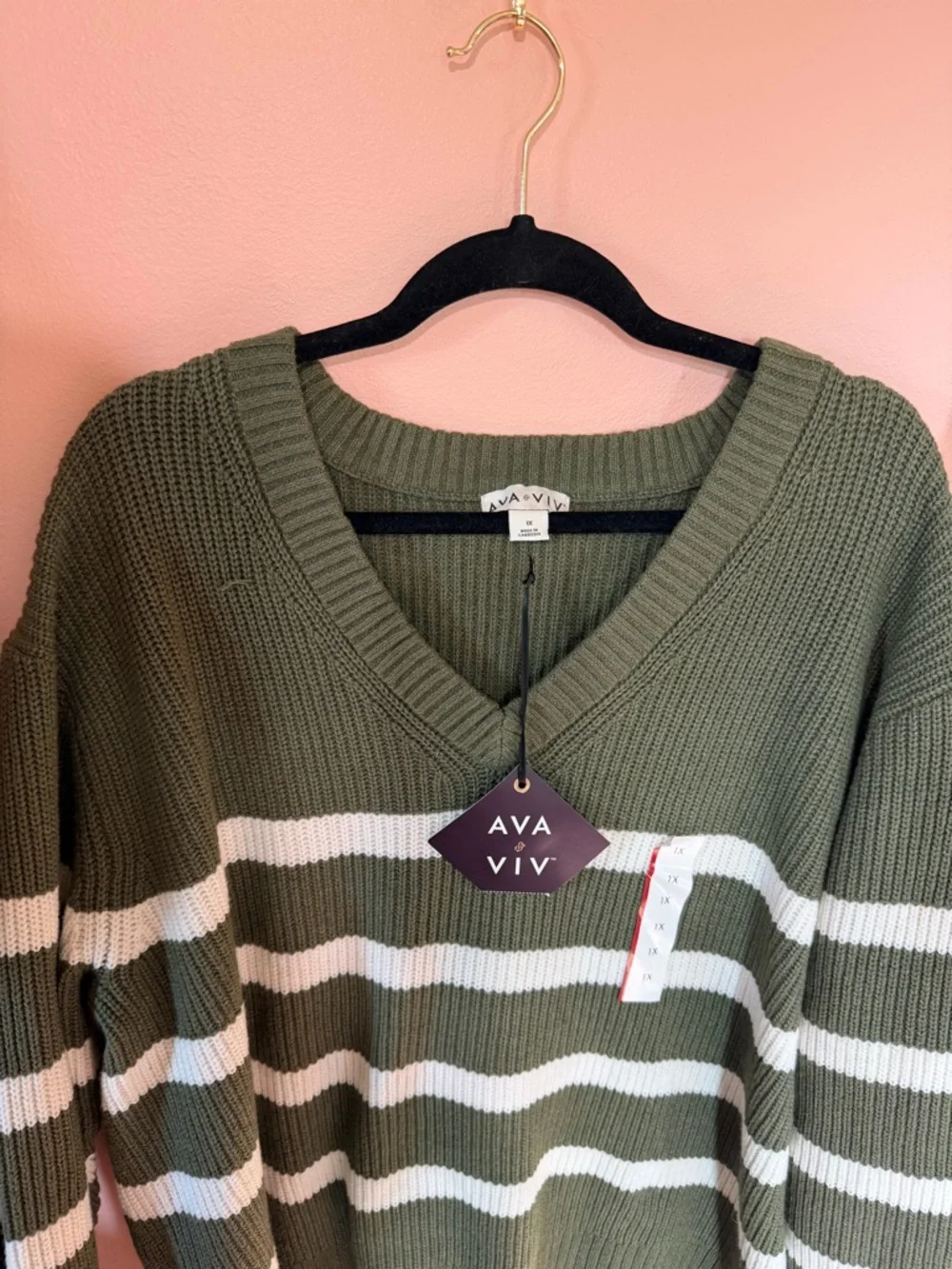Olive Green & White Striped V-Neck Sweater - Picture 2 of 4
